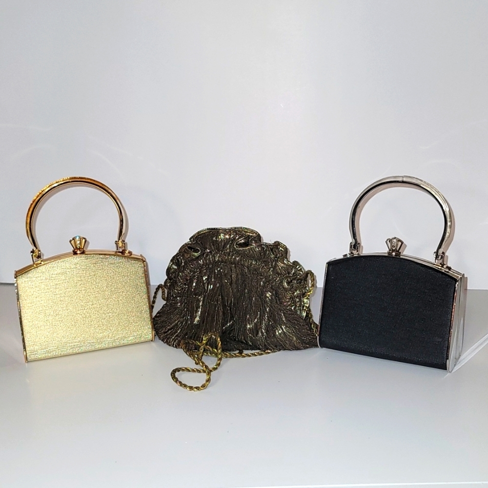 Lot of 3 evening purses (2) Sasha evening purses+ Bonus satin clam shell purse